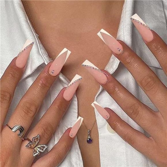 YOSOMK French Tip Press on Nails Long with Designs Pink and White Rhinestones Fa - Picture 1 of 7